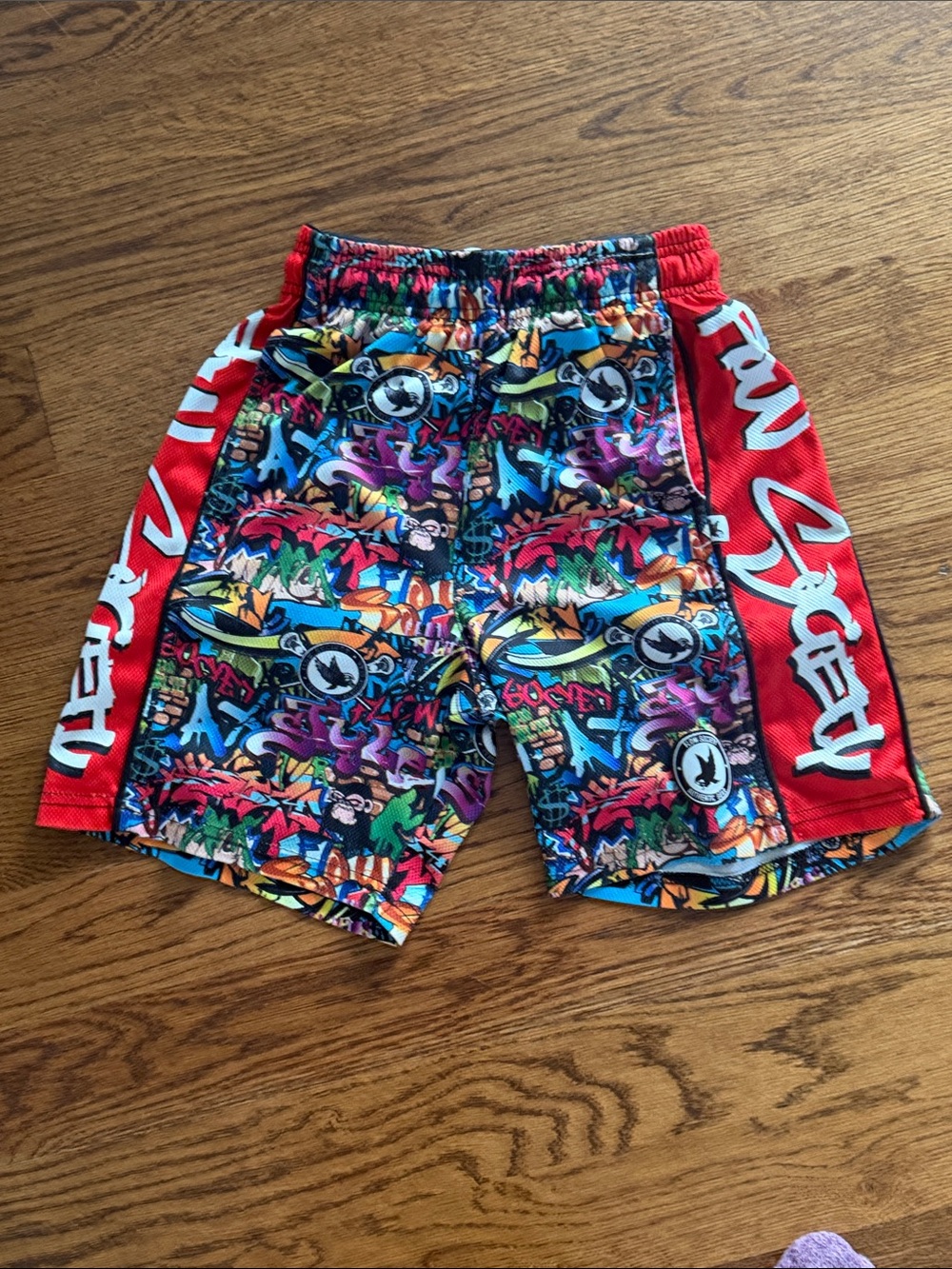 Kids Multicolor Graffiti Swim Shorts with Red Side Panels Flow Society